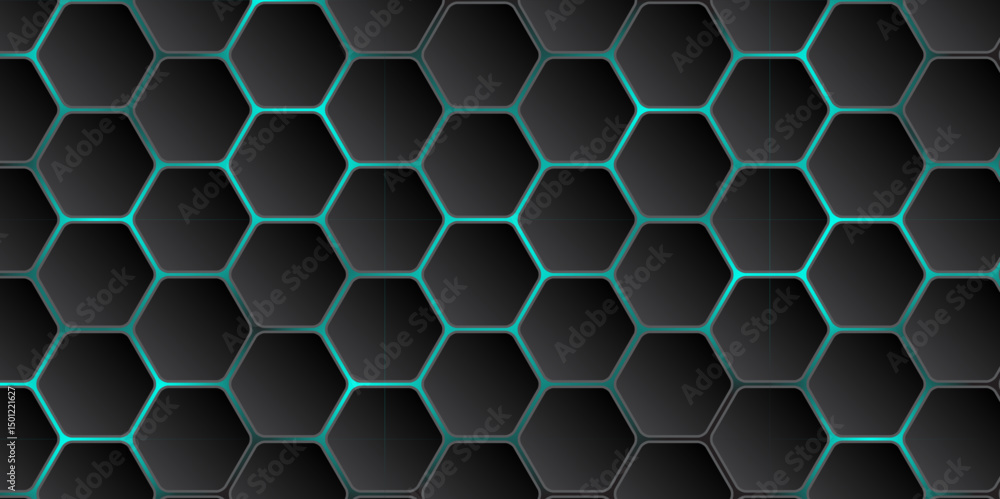 Poster abstract minimalistic dark sci-fi hexagon background. black and blue hexagonal geometric design. vec