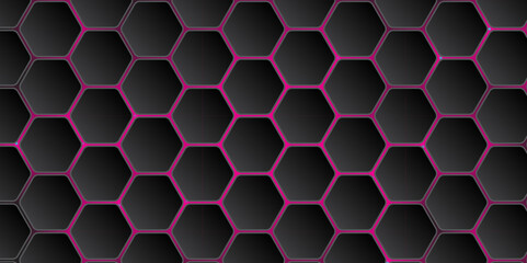 Abstract Dark Hexagonal Tech Background with Purple Glow. Abstract Futuristic Hexagon Grid Design. Hexagon. Illustration. Vector.