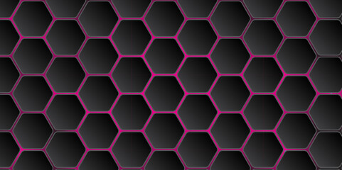 Abstract Dark Hexagonal Tech Background with Purple Glow. Abstract Futuristic Hexagon Grid Design. Hexagon. Illustration. Vector.