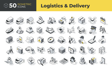 Fototapeta na wymiar Isometric icon set illustrating logistics, delivery, shipping, packaging, tracking, warehouse, and courier services. Clean linear design ideal for web, apps, and infographics.