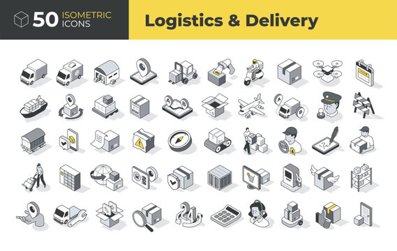 Isometric icon set illustrating logistics, delivery, shipping, packaging, tracking, warehouse, and courier services. Clean linear design ideal for web, apps, and infographics.