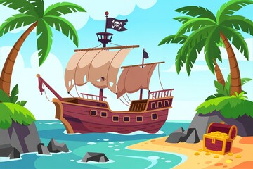 Cartoon pirate ship sails near the treasure island, with palm trees and gold coins