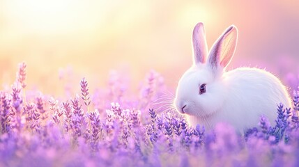 Fototapeta premium Bunny in Lavender Field: A fluffy white bunny with long ears explores a blooming lavender field, bathed in soft sunlight. A perfect visual for spring.