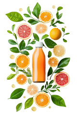 Citrus Juice Bottle with Fresh Fruits: A refreshing bottle of citrus juice surrounded by juicy oranges, grapefruits, and lemon slices, complemented by vibrant green leaves.