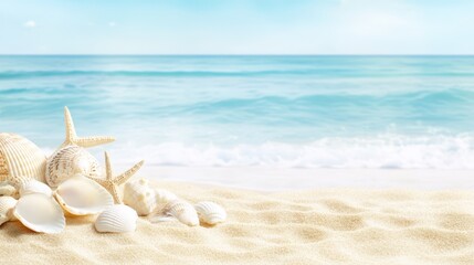 Seashells and Starfish at Seaside: A captivating scene unfolds, where delicate seashells and starfish rest on the sandy shores, harmonizing with the tranquil sea under the soft sunlight.