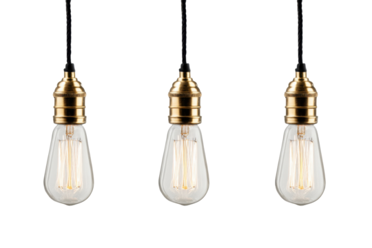 Row of vintage lightbulbs isolated on transparent background