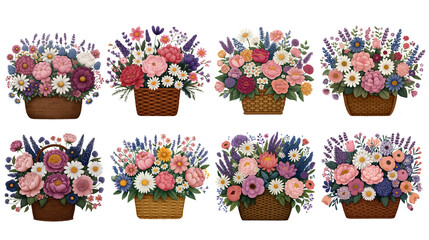 Handwoven garden basket filled with mixed floral blooms including peonies, daisies, and lavender