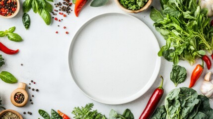 Culinary Canvas: A Vibrant Food Composition: An elegant, high-angle shot captures a stunning array of fresh culinary ingredients meticulously arranged around a central plate.