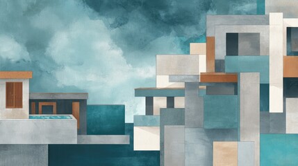Modern Abstract Cityscape Turquoise Dreams with Concrete Skyline Art.