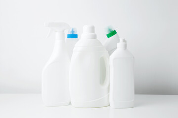 Various cleaning supplies branding mockup, symbolizing spring cleaning. Household cleaning and hygiene concept