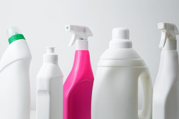 Various cleaning supplies branding mockup, symbolizing spring cleaning. Household cleaning and hygiene concept