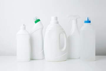 Various cleaning supplies branding mockup, symbolizing spring cleaning. Household cleaning and...