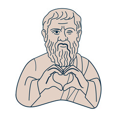 Bust of the philosopher Plato in the original solution. The statue winks and shows a heart with its hands. Original sticker for design. Vector