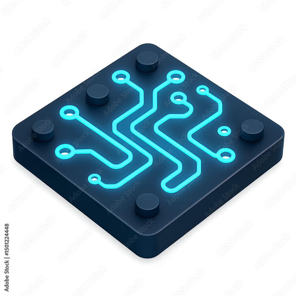 Poster isometric 3d rendering of a dark blue square circuit board with glowing neon blue lines and circular