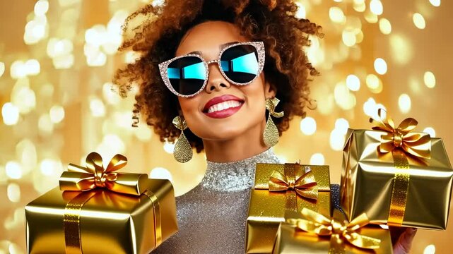 Golden gifts and Gracious Glance: A captivating individual, radiating style and delight, presents a trio of shimmering golden gifts, set against an elegant, artful bokeh background.