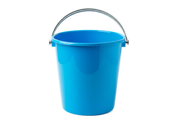 Isolated studio shot of a clean empty blue plastic bucket with a silver handle Isolated on transparent background