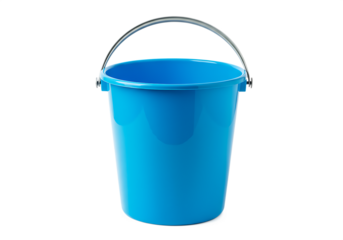 Isolated studio shot of a clean empty blue plastic bucket with a silver handle Isolated on transparent background