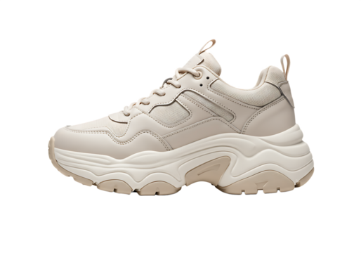 Isolated side view of a stylish creamy beige chunky sneaker Isolated on transparent background