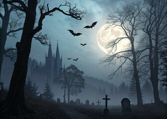 Spooky Halloween Illustration – Haunted Night Scene with Pumpkins, Ghosts, and Full Moon