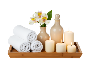 Spa treatment setup with rolled towels flowers candles and aromatherapy elements Isolated on transparent background