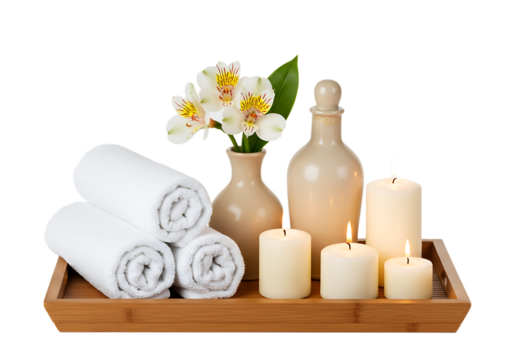 Spa treatment setup with rolled towels flowers candles and aromatherapy elements Isolated on transparent background