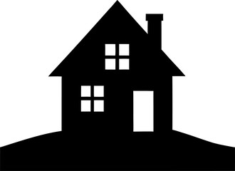 Simple black silhouette of a residential house with windows and chimney on white background