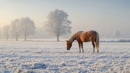 Obraz premium Peaceful winter scene of a horse grazing in a frosty paddock, Generative AI