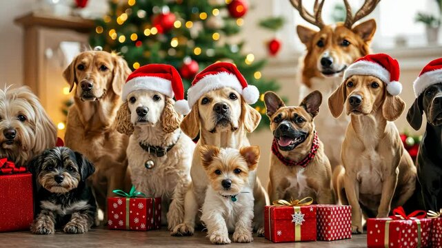 Festive Canine Gathering: A charming tableau of assorted dogs, decked out in holiday attire and surrounded by festive decorations, capturing the joyful spirit of the season.