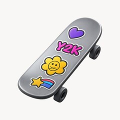 Retro skateboard with colorful stickers.