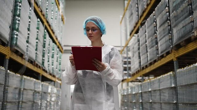 Female supervisor wearing lab coat and hairnet writing notes on clipboard while inspecting goods and merchandise stored on shelves in large distribution warehouse