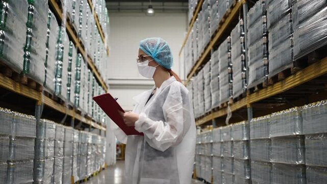 Female supervisor wearing lab coat and hairnet writing notes on clipboard while inspecting goods and merchandise stored on shelves in large distribution warehouse