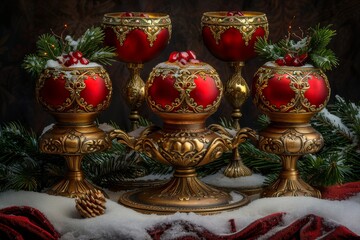 Christmas Still Life with Red and Gold Ornaments, Candles, Pine Branches, and Artificial Snow