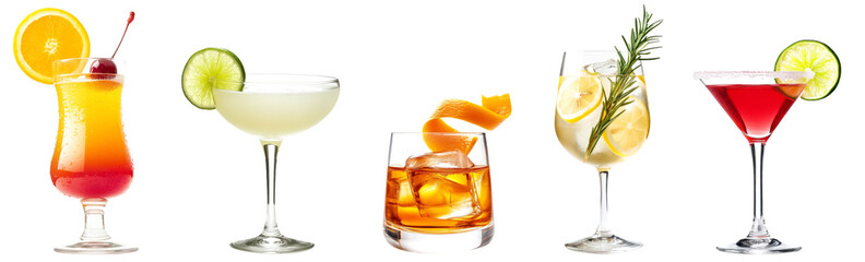 Set of cocktail glasses isolated on transparent background. Sex on the beach, Daiquiri, Whiskey, Gin tonic and Cosmopolitan