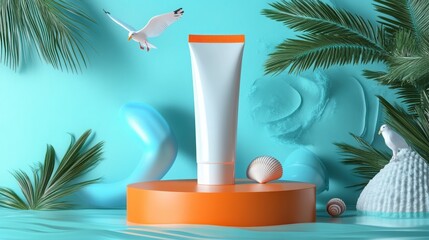 Fototapeta premium White tube stands near palm leaves while a seagull flies in a studio setting