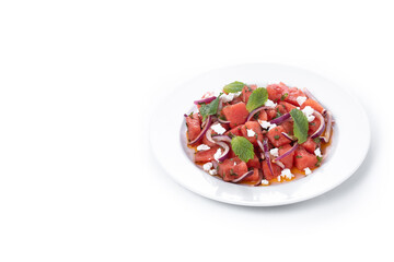 Fresh Watermelon Feta Salad with Mint and Red Onion isolated on white background. Copy space