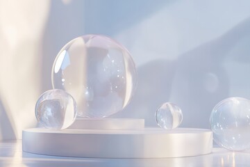 Minimalist podium with floating glass spheres for presentation of cosmetic products