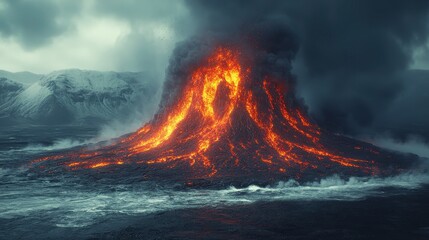Erupting volcano spills molten lava onto a dark landscape beneath stormy skies