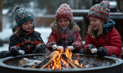 Children roasting marshmallows over an outdoor fire pit surrounded by snow, Generative AI