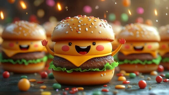 Happy cheeseburger characters in a playful style on Burger Day, with bright colors, for food blogs
