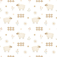 Obraz premium Cute sheep wander through a rustic meadow in this seamless pattern. Perfect for baby decor or textile print.