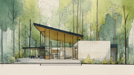 Forest House Dream Modern Home Nestled in the Trees with Architectural Sketch.