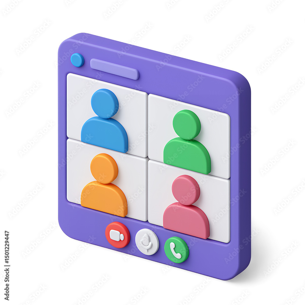 Poster isometric 3d rendering of a video conference interface with four colorful participants, concept for 