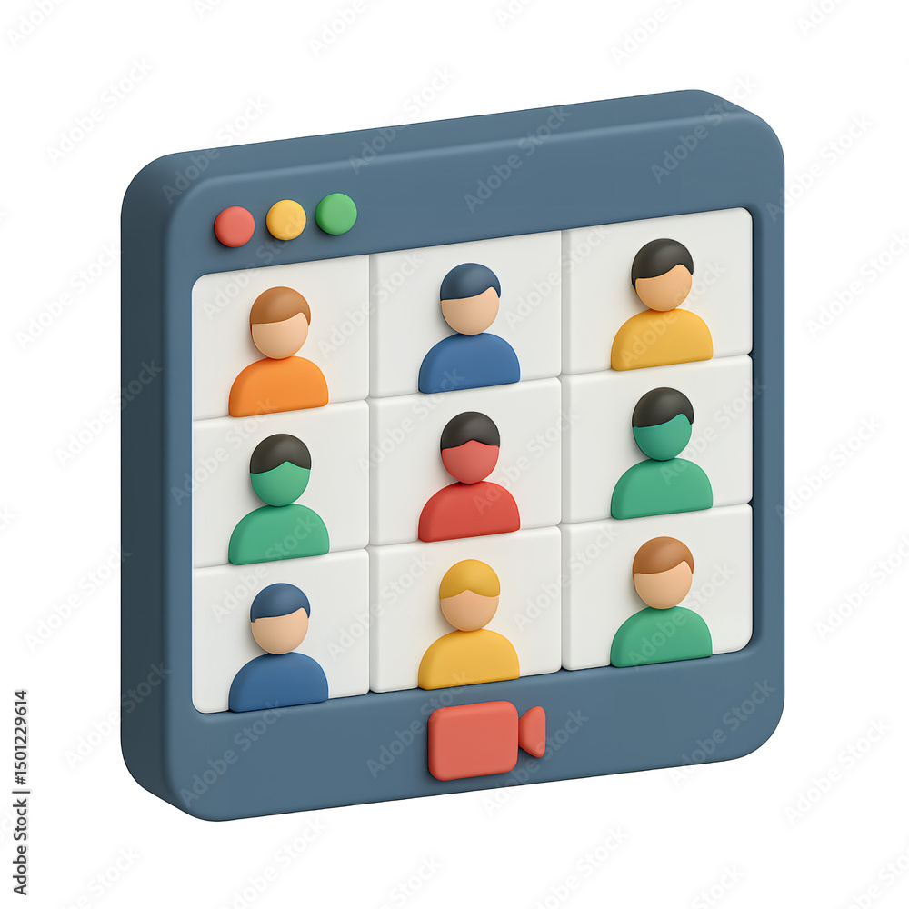 Poster a 3d rendering of nine colorful user icons displayed on a screen, representing a video conference co