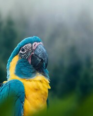 Close up of Blue-and-yellow Macaw. Bright colors and tropical beauty.
