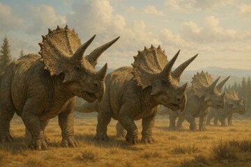 Fototapeta premium Majestic triceratops herd roaming plains.