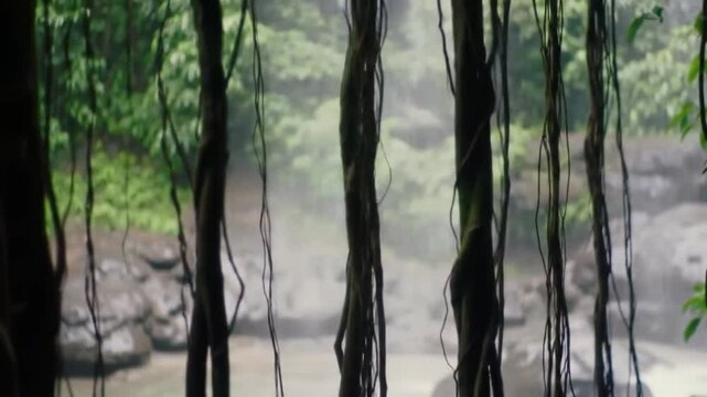 Lush Rainforest Waterfall Displaying Hanging Vines And Thick Green Foliage
