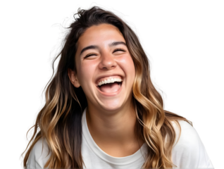 Joyful girl laughing with long hair and a bright smile on face