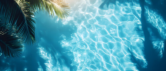 Aqua waves and coconut palm shadow on blue background. Water pool texture top view.Tropical summer mockup design. Luxury travel holiday.