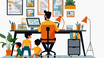 father working on laptop at home desk while kids running and playing around him, work life balance, home office, modern family lifestyle - Powered by Adobe