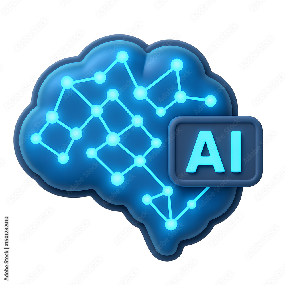 Aufkleber stylized 3d brain with glowing neural network connections and ai label, concept for artificial intel